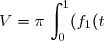 V=\pi\,\displaystyle\int_0^1(f_1(t))^2\text{d} t \\ \overset{ { \white{ . } } } { \phantom{V}=\pi\times F(0)\quad(\text{par définition de }F(x))} \\ \overset{ { \white{ . } } } { \phantom{V}=\pi\times\dfrac{1}{4}\quad(\text{voir exercice 2.}b)} \\\\\Longrightarrow\boxed{V=\dfrac{\pi}{4}\,\text{cm}^3}